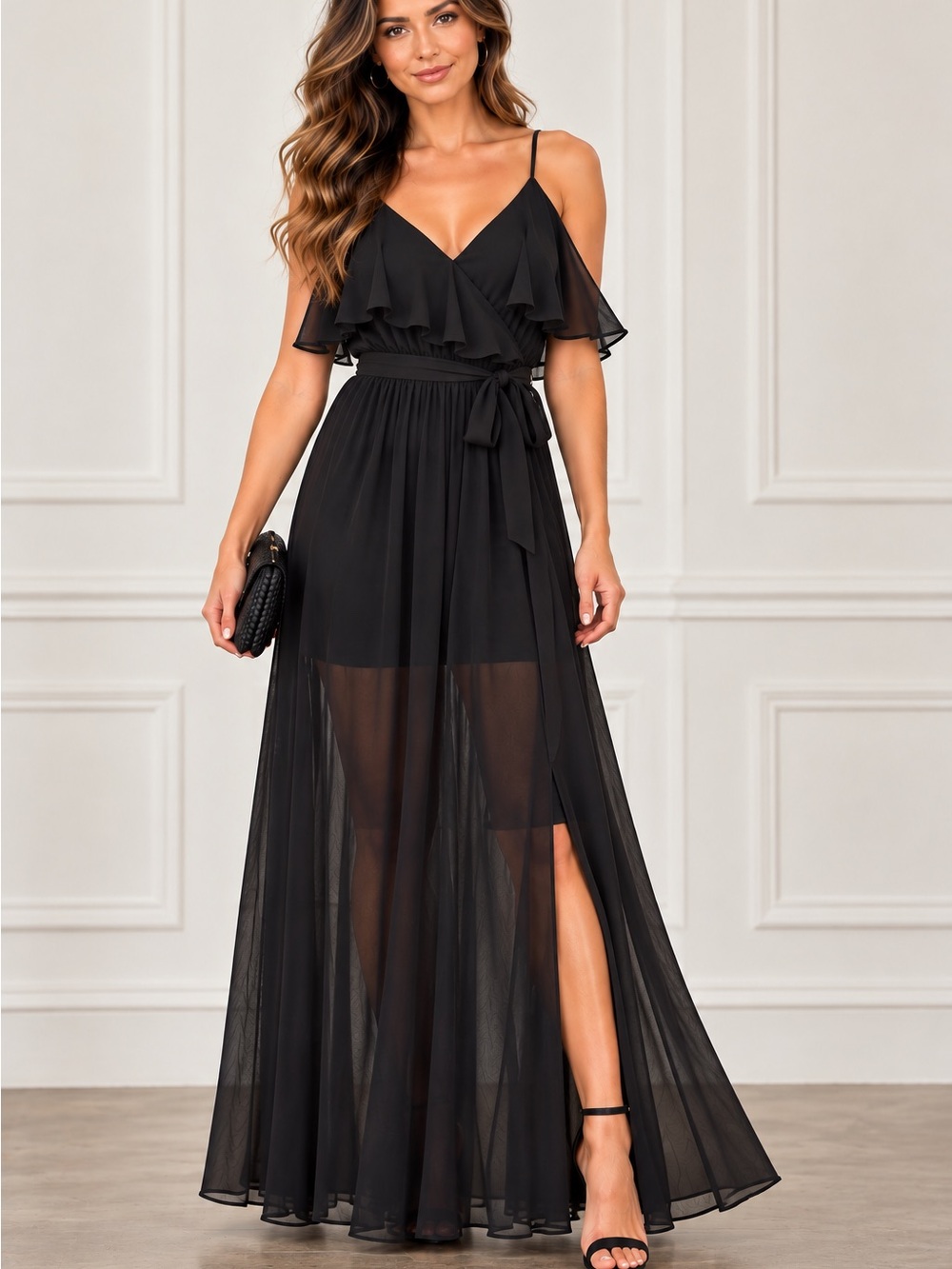 B Darlin Black Cold-Shoulder Ruffle Maxi Dress